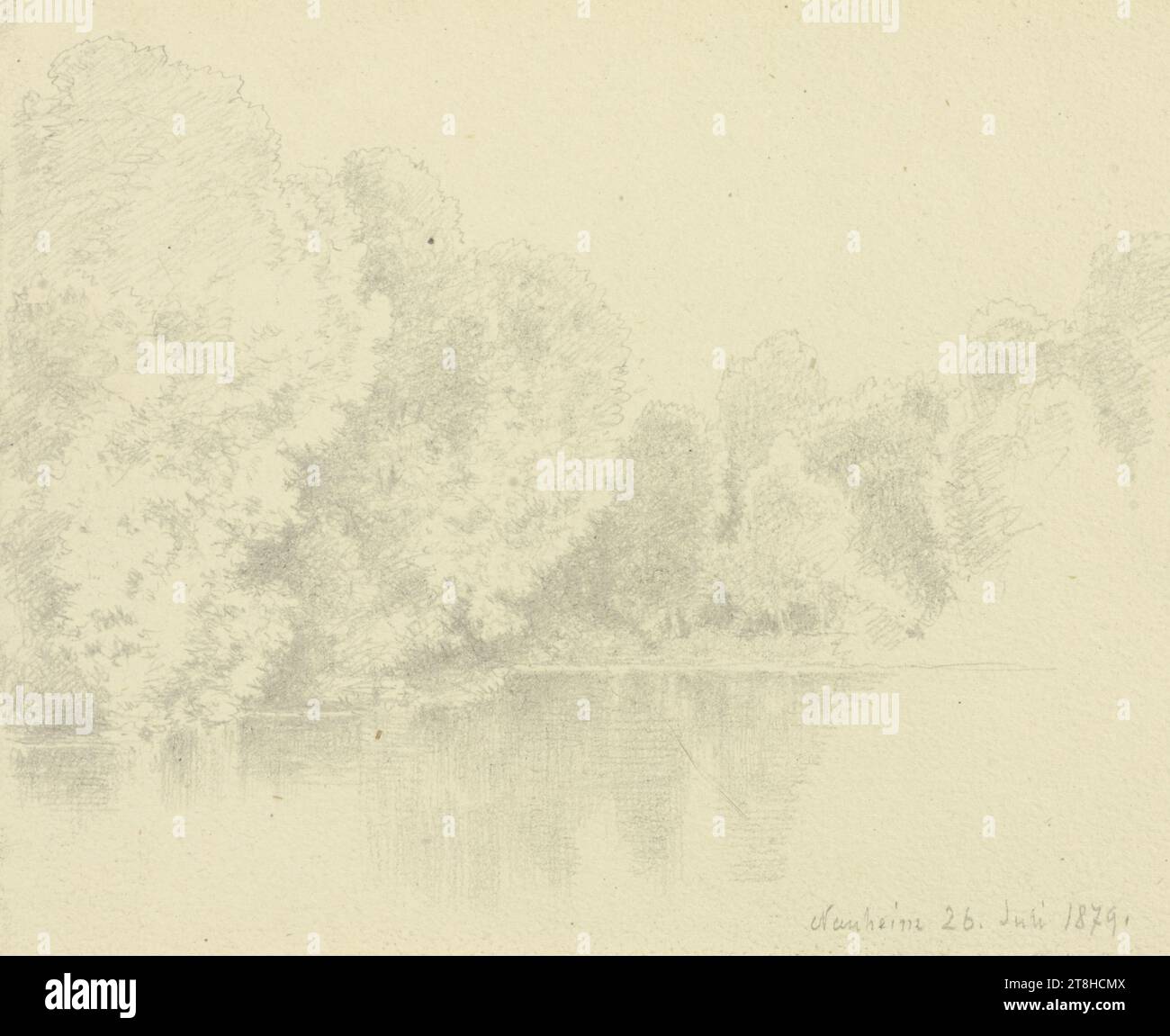 CARL THEODOR REIFFENSTEIN, Wasser mit baumgesäumtem Ufer bei Bad Nauheim, 26. Juli 1879, Blatt, 118 x 148 mm, Bleistift auf Papier, Wasser mit baumgesäumtem Ufer bei Bad Nauheim, CARL THEODOR REIFFENSTEIN, Seite, Klebebänder, Band 36, Seite 26, Teilenummer / gesamt, 1 / 3, Bezirk BAD NAUHEIM, 19. JAHRHUNDERT, ZEICHNUNG, Bleistift auf Papier, GRAPHIT-TON-MISCHUNG, PAPIER, BLEISTIFTZEICHNUNG, DEUTSCH, LANDSCHAFTSSTUDIE, REISESTUDIE, datiert und beschriftet unten rechts, in Bleistift, Nauheim 26. Juli 1879., nummeriert auf der Seite über der Zeichnung, in schwarzem Stift Stockfoto