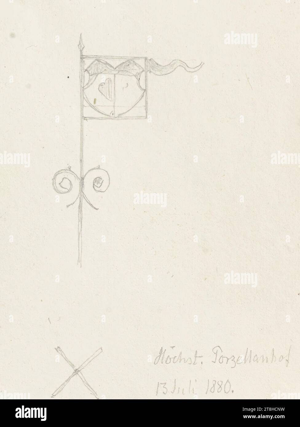 CARL THEODOR REIFFENSTEIN, Wetterfahne der Höchster Porzellan-Manufaktur, 13. Juli 1880, Blatt, 132 x 90 mm, Bleistift auf Papier, Wetterfahne der Höchster Porzellan-Manufaktur, CARL THEODOR REIFFENSTEIN, Seite, Klebebänder, Band 36, Seite 28, Teilenummer / gesamt, 2 / 4, FRANKFURT-HÖCHST, 19. JAHRHUNDERT, ZEICHNUNG, Bleistift auf Papier, GRAPHIT-TON-MISCHUNG, PAPIER, BLEISTIFTZEICHNUNG, DEUTSCH, ARCHITEKTURSTUDIUM, STUDIUM NACH Einem HANDWERK, REISESTUDIUM, datiert und beschriftet unten rechts, mit Bleistift, hoch. Porzellanhof / 13. Juli 1880., nummeriert auf der Seite über der Zeichnung, mit Stift in schwarz Stockfoto