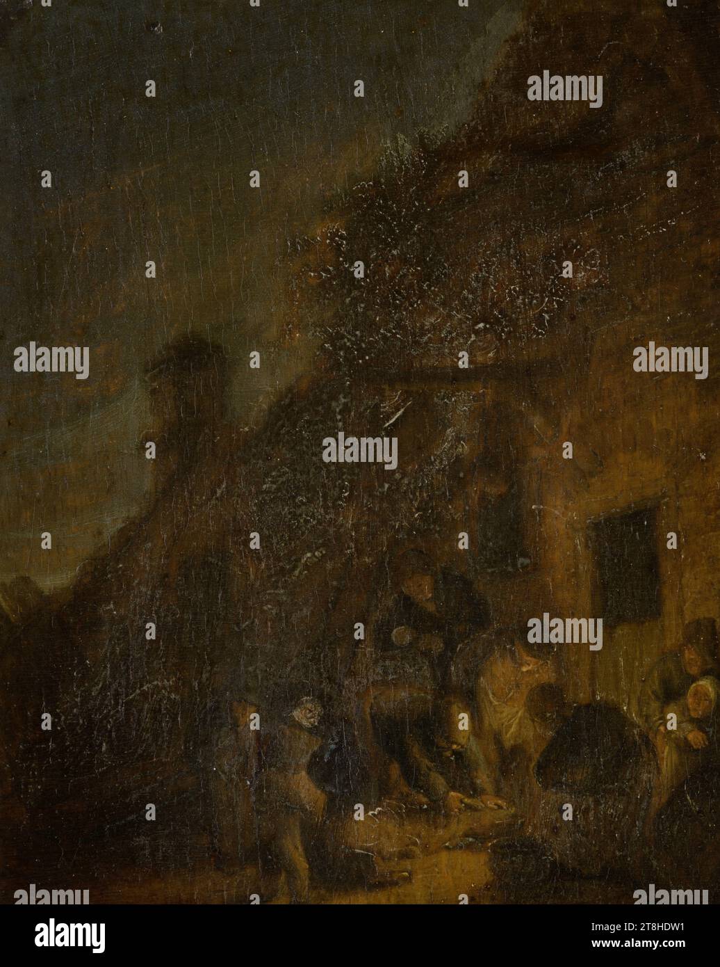 ADRIAEN VAN OSTADE, Schweineschlachtung im Fackelschein, 1637, Maße, 17,1 x 14,1 x min. 0,5 cm, Tiefe max., 0,8 cm, Öl auf Eichenholz, Schweineschlachtung im Fackelschein, Maler, ADRIAEN VAN OSTADE, 17.JAHRHUNDERT, BAROCK, GEMÄLDE, Öl auf Eichenholz, EICHENHOLZ, ÖL, Inschrift unten links: AV Ostade 16[.]7 [Av ligated Stockfoto