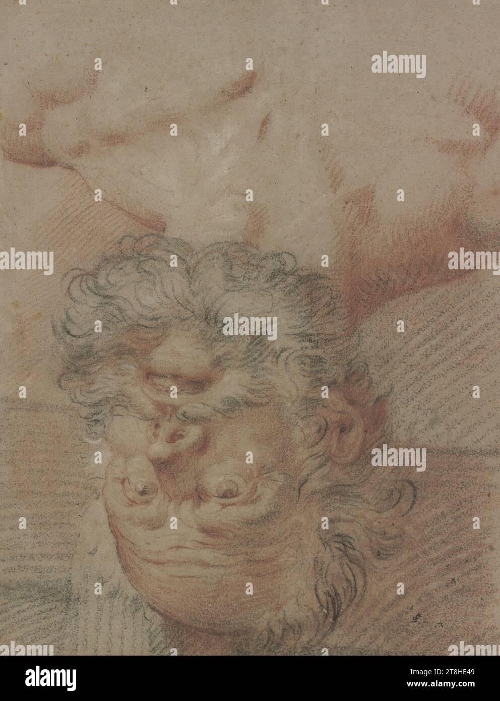 NICOLAS GUIBAL, NachpETER PAUL RUBENS, Leiter Peter von Rubens' Kreuzigung von Peter, 1637, Blatt, 464 x 358 mm, schwarz-rote Kreide auf Papier, altmontiert, Kopf Peter von Rubens' Kreuzigung von Peter, NICOLAS GUIBAL, Erfinder, nach PETER PAUL RUBENS, 18. JAHRHUNDERT 17. JAHRHUNDERT, BAROCK, ZEICHNUNG, schwarze und rote Kreide auf Papier, alt montiert, KREIDE, PAPIER, KREIDEZEICHNUNG, FRANZÖSISCH, FLÄMISCH, BILDZEICHNUNG, STUDIUM NACH EINEM GEMÄLDE Stockfoto