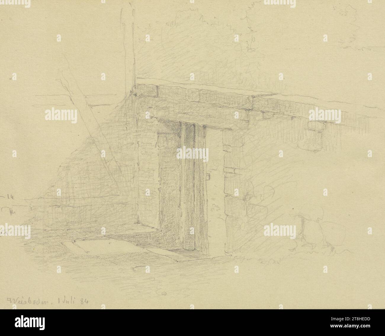CARL THEODOR REIFFENSTEIN, Hoffeier in Wiesbaden, 1. Juli 1884, Blatt, 119 x 156 mm, Bleistift auf Papier, Hoffeier in Wiesbaden, CARL THEODOR REIFFENSTEIN, Seite, Klebebänder, Band 39, Seite 33, Teilenummer / gesamt, 2 / 3, WIESBADEN, 19. JAHRHUNDERT, ZEICHNUNG, Bleistift auf Papier, GRAPHIT-TON-MISCHUNG, PAPIER, BLEISTIFTZEICHNUNG, DEUTSCH, ARCHITEKTURSTUDIE, REISESTUDIE, datiert und beschriftet links unten, in Bleistift, Wiesbaden. 1. Juli 84, nummeriert auf der Seite rechts neben der Zeichnung, in schwarzem Stift Stockfoto