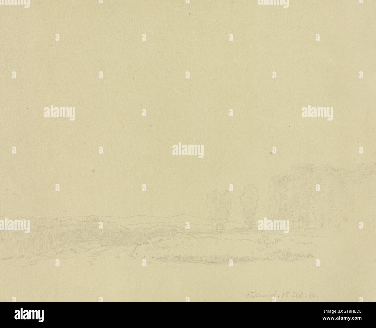 CARL THEODOR REIFFENSTEIN, Landschaft am Kettenhof, 15. Oktober 1884, Blatt, 119 x 155 mm, Bleistift auf Papier, Querformat am Kettenhof, CARL THEODOR REIFFENSTEIN, Seite, Klebebänder Band 39, Seite 33, Teilenummer / gesamt, 3 / 3, FRANKFURT AM MAINArea, 19. JAHRHUNDERT, ZEICHNUNG, Bleistift auf Papier, GRAPHIT-TON-MISCHUNG, PAPIER, BLEISTIFTZEICHNUNG, DEUTSCH, LANDSCHAFTSSTUDIE, REISESTUDIE, datiert und beschriftet unten rechts, in Bleistift, Kettenhof. 15. September 84., nummeriert auf der Seite rechts neben der Zeichnung, in schwarzem Stift Stockfoto