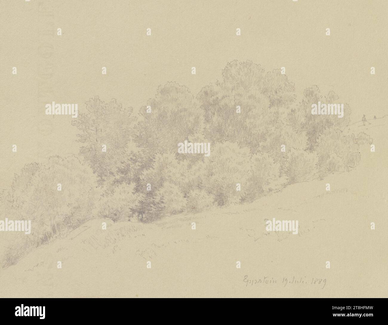 CARL THEODOR REIFFENSTEIN, Ein Hain am Hang, 19. Juli 1889, Blatt, 121 x 157 mm, Bleistift auf Papier, Ein Hain am Hang, CARL THEODOR REIFFENSTEIN, Seite, Klebebänder, Band 42, Seite 22, Teilenummer / gesamt, 3 / 3, EPPSTEIN, 19. JAHRHUNDERT, ZEICHNUNG, Bleistift auf Papier, GRAPHIT-TON-MISCHUNG, PAPIER, BLEISTIFTZEICHNUNG, DEUTSCH, LANDSCHAFTSSTUDIE, REISESTUDIE, datiert und eingeschrieben unten rechts, in Bleistift, Eppstein 19. Juli. 1889 Stockfoto