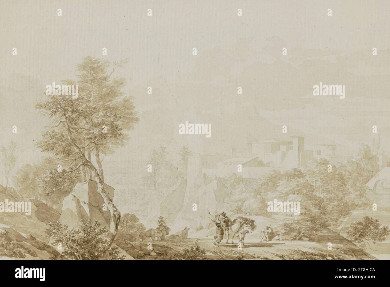 R. F. TAUNAY, italienische Landschaft mit einem Eselfahrer und einer Frau mit einem Distaff, ca. 1770, Blatt, 271 x 406 mm, Stift und Pinsel in Braun, Umrandung mit Stift in Schwarz auf allen Seiten, auf handgemachtem Papier, montiert, altmontiert, italienische Landschaft mit einem Eselfahrer und einer Frau mit einer Stange, R. F. TAUNAY, 18. JAHRHUNDERT, KLASSIZISMUS, ZEICHNUNG, Stift und Pinsel in Braun, Rand mit Stift in Schwarz auf allen Seiten, auf Bütten, montiert, alt montiert, TINTE?, TINTE?, HANDPAPIER, STIFT ZEICHNEN, PINSEL ZEICHNEN, FRANZÖSISCH, BILDZEICHNUNG Stockfoto