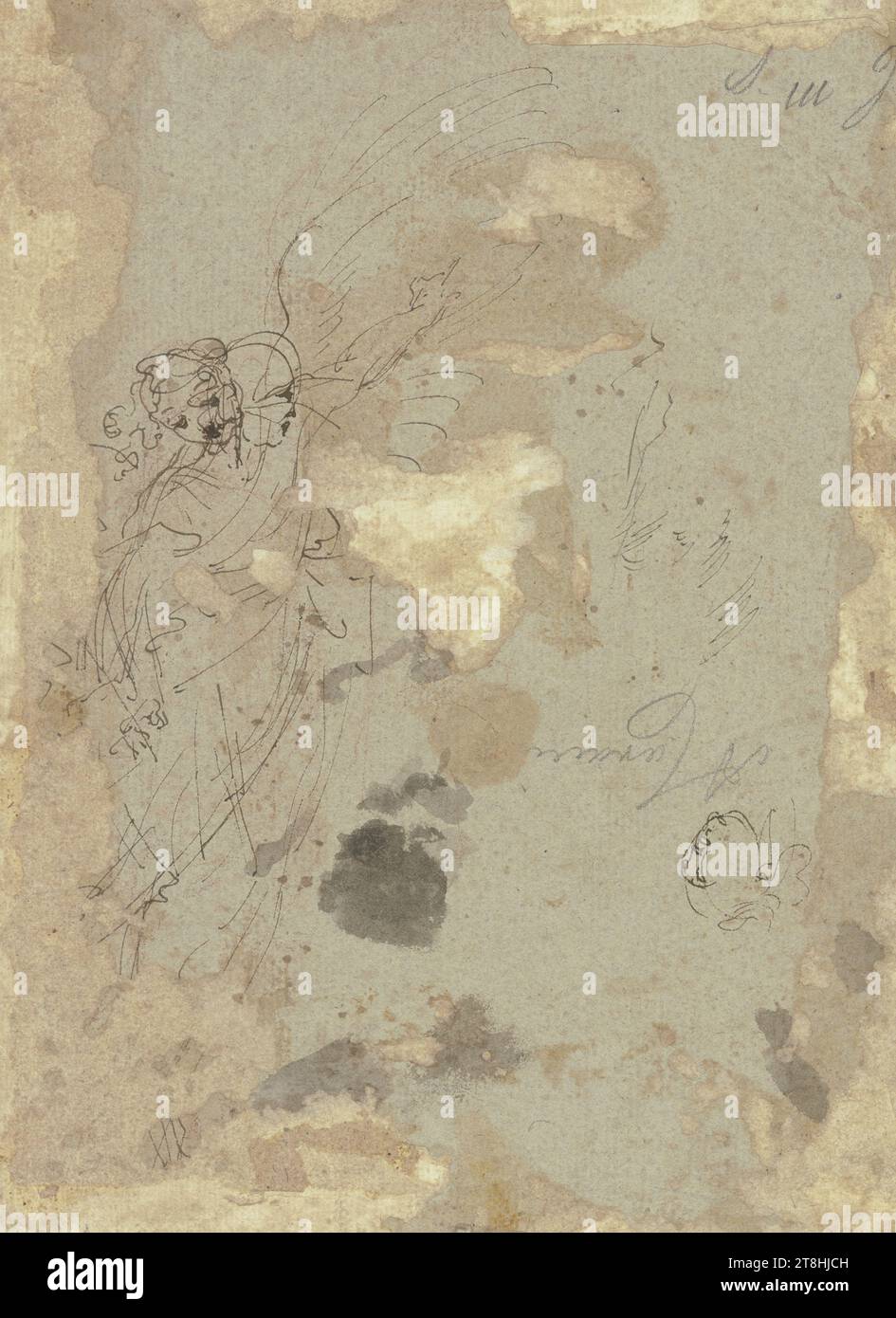 ANNIBALE CARRACCI ?, der Erzengel Gabriel aus der Verkündigung der Jungfrau Maria, Blatt, 270 x 200 mm, brauner Stift auf bläulichem vergé-Papier, der Erzengel Gabriel aus der Verkündigung der Jungfrau Maria, ANNIBALE CARRACCI ?, Studienblatt: Szenen der Verkündigung der Jungfrau Maria, 16. JAHRHUNDERT 17. JAHRHUNDERT, BAROCK, ZEICHNUNG, brauner Stift auf bläulichem vergé-Papier, TINTE?, TINTE?, VERGÉ-PAPIER, STIFTZEICHNUNG, BOLOGNESE, FIGURENSTUDIE, SKIZZE, in der Mitte eingeschrieben, in Bleistift, Ein Caracci; unten links: bmp Stockfoto