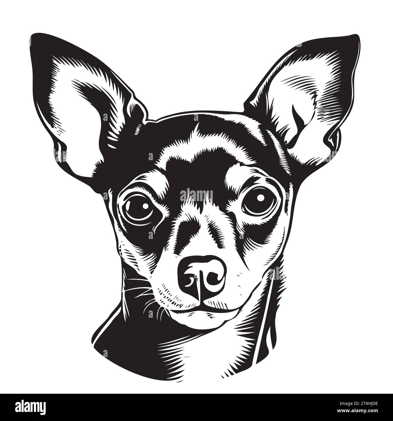 Vektor isoliert eine einzelne sitzende Chihuahua Spielzeug Terrier Hund Kopf Vorderansicht schwarz und weiß zwei Farben Silhouette. Schablone für Lasergravur oder Schablone, Druck für T-Shirt Stock Vektor