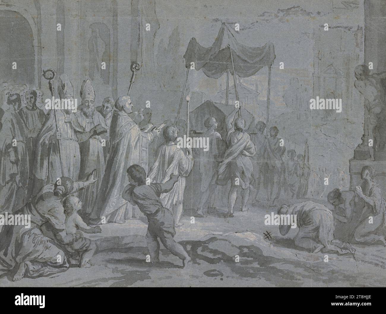 FRANCOIS VERDIER, Trauerprozession, gefolgt von Hochklerus, Blatt, 235 x 315 mm, Stift in Braun und Pinsel in Grau, erhöht mit weiß, Rand in Schwarz auf allen Seiten, auf blauem vergé-Papier, Trauerprozession gefolgt von Hochklerus, FRANCOIS VERDIER, 17. JAHRHUNDERT, BAROCKER französischer Klassizismus, Zeichnung, Frühling in Braun und Pinsel in Grau, weiß getüncht, Rundstrahllinie in Schwarz, auf blauem zusammenführendem Papier, Tinte?, Tinte?, Deckfarbe, zusammenführendes Papier, Frühlingszeichnung, Pinselzeichnung, weiße Erhöhung, Französisch, bildähnliche Zeichnung, schön beschrieben am linken Rand, mit dem Stift in Braun, porte de la Stockfoto