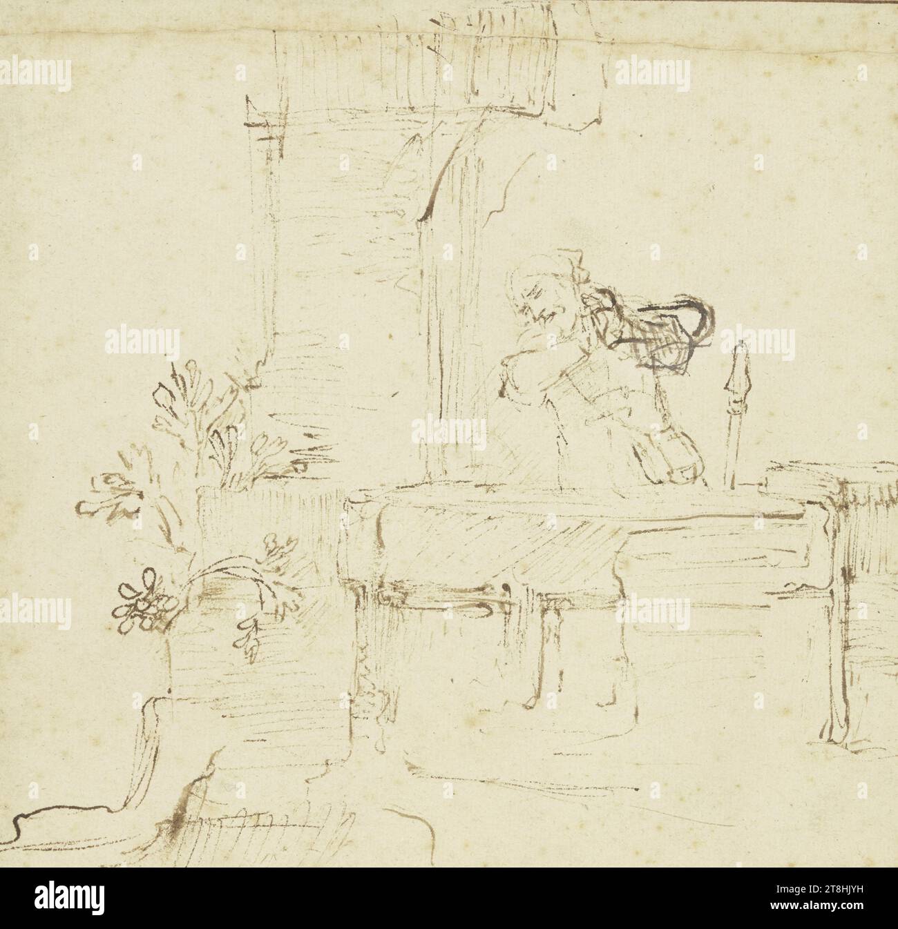 REMBRANDT HARMENSZ. VAN RIJN, Ruben am Brunnen, CA. 1650 - 1651, Blatt, 175 x 179 mm, brauner Stift, umrandete Linien an allen Seiten mit dem Stift in hell- und dunkelbraun, auf geripptem handgeschöpftem Papier, Ruben am Brunnen, REMBRANDT HARMENSZ. VAN RIJN, 17. JAHRHUNDERT, BAROCK, ZEICHNUNG, Stift in Braun, umrandete Linien auf allen Seiten mit dem Stift in hell- und dunkelbraun, auf geripptem handgeschöpftem Papier, TINTE?, TINTE?, VERT-PAPIER, HANDPAPIER, STIFTZEICHNUNG, NIEDERLÄNDISCH, FIGURSTUDIE, ZUSAMMENSETZUNG STUDIE, SKIZZE, rückseitig in der Bildmitte eingeschrieben, mit dem Stift in Braun, 844 [unterstrichen] Stockfoto