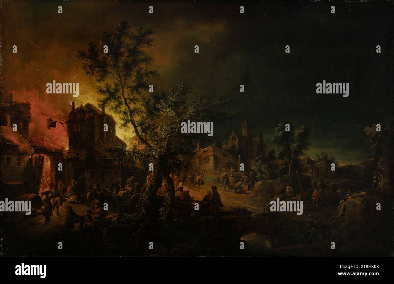 JOHANN GEORG TRAUTMANN, nächtlicher Flächenbrand, 1762 - 1769, Maße, 37,4 x 57,0 x 0,8 cm, Öl auf Nussbaum, nächtlicher Flächenbrand, Maler, JOHANN GEORG TRAUTMANN, 18. JAHRHUNDERT, BAROCK, MALEREI, Öl auf Walnussholz, WALNUSSHOLZ, ÖL Stockfoto