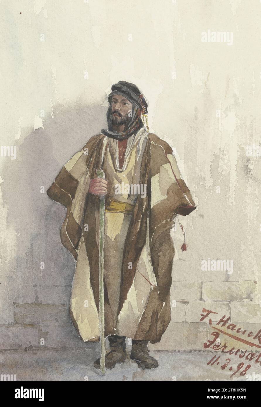 FRITZ HAUCK, Jude, an einer Wand stehend, 11. März 1898, Blatt, 249 x 171 mm, Aquarell über Bleistift auf Karton, Jude, an einer Wand stehend, Fritz HAUCK, JERUSALEM, 19. JAHRHUNDERT, ZEICHNUNG, Aquarell über Bleistift Pappe, AQUARELL, GRAFIT-TON-MISCHUNG, PAPPE, AQUARELL, PINSELZEICHNUNG, BLEISTIFTZEICHNUNG, DEUTSCH, BILDZEICHNUNG, AUTONOMES ZEICHNEN?, signiert, datiert und beschriftet unten rechts, mit rotem Pinsel, F. Hauck / Jerusalem / 11.3. 98 Stockfoto