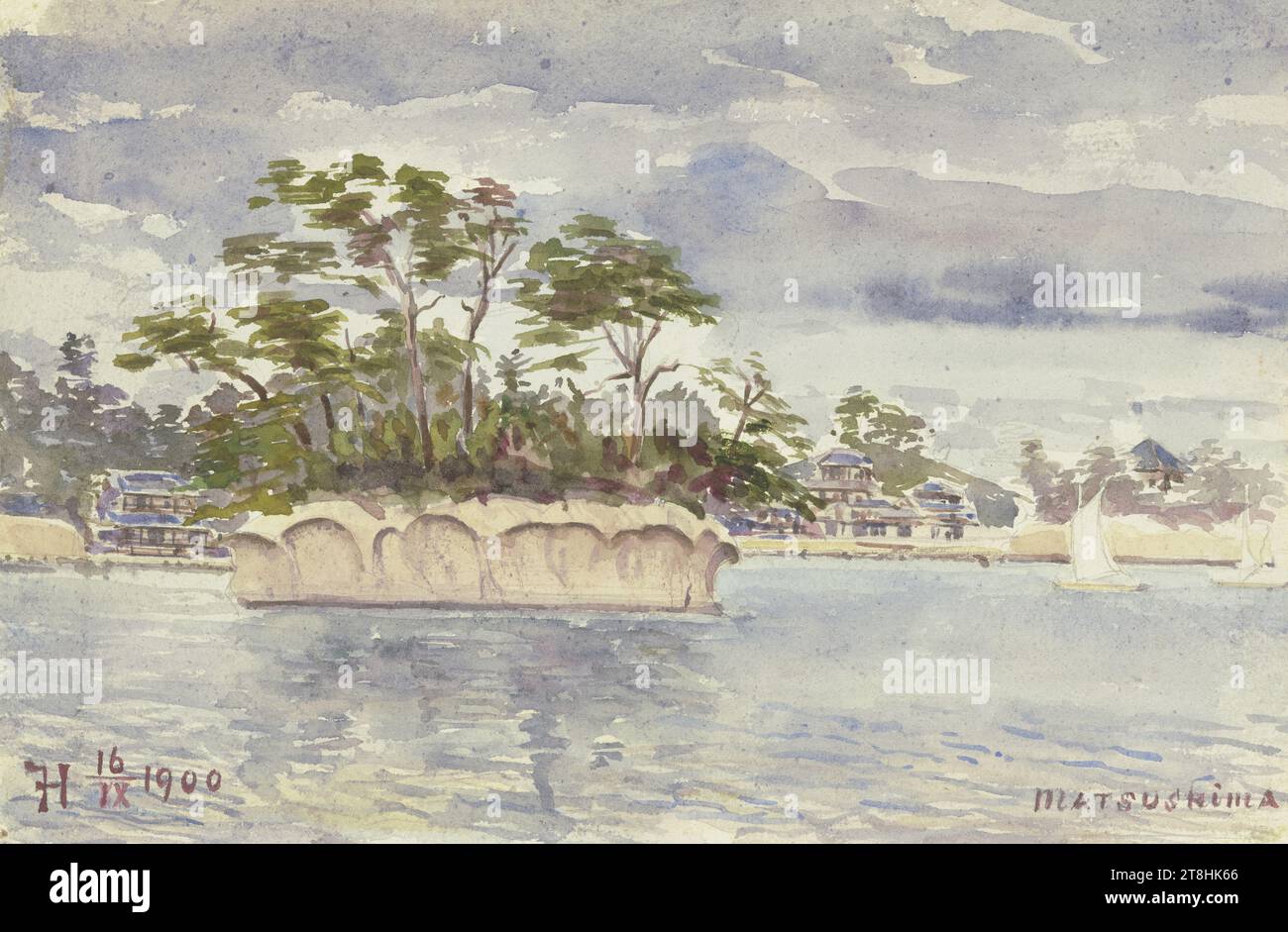 FRITZ HAUCK, Insel vor Matsushima, 16. September 1900, Blatt, 169 x 254 mm, Aquarell über Bleistift auf Papier, Inselchen von Matsushima, Fritz HAUCK, MATSUSHIMA, MIYAGI, 20. JAHRHUNDERT, ZEICHNUNG, Aquarell über Bleistift auf Papier, AQUARELL, GRAFIT-TON-MISCHUNG, PAPIER, AQUARELL, PINSELZEICHNUNG, BLEISTIFTZEICHNUNG, DEUTSCH, LANDSCHAFTSSTUDIUM, BILDZEICHNUNG, REISESTUDIE, AUTONOME ZEICHNUNG?, links unten monogrammiert und datiert, mit dem Pinsel in rot, FH [verbunden] 16/IX 1900; unten rechts: Matsushima Stockfoto