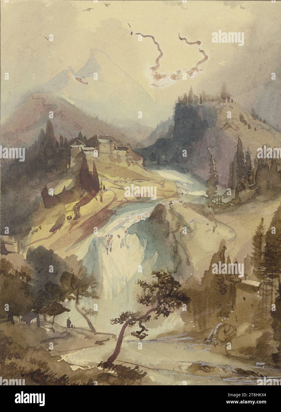 CASPAR SCHEUREN, Gastein, Blatt, 133 x 99 mm, Aquarell, weiß erhöht, auf dünnem Karton, altmontiert, mit Goldrahmen, Gastein, CASPAR SCHEUREN, 19. JAHRHUNDERT, ZEICHNUNG, Aquarell, weiß erhöht, auf dünnem Karton, alt montiert, mit goldenem Rahmen, AQUARELL, DECKENDES WEISS, KARTON, AQUARELL, PINSELZEICHNUNG, WEISSE Höhe, DEUTSCH, BILDZEICHNUNG, AUTONOME ZEICHNUNG, nicht beschriftet Stockfoto