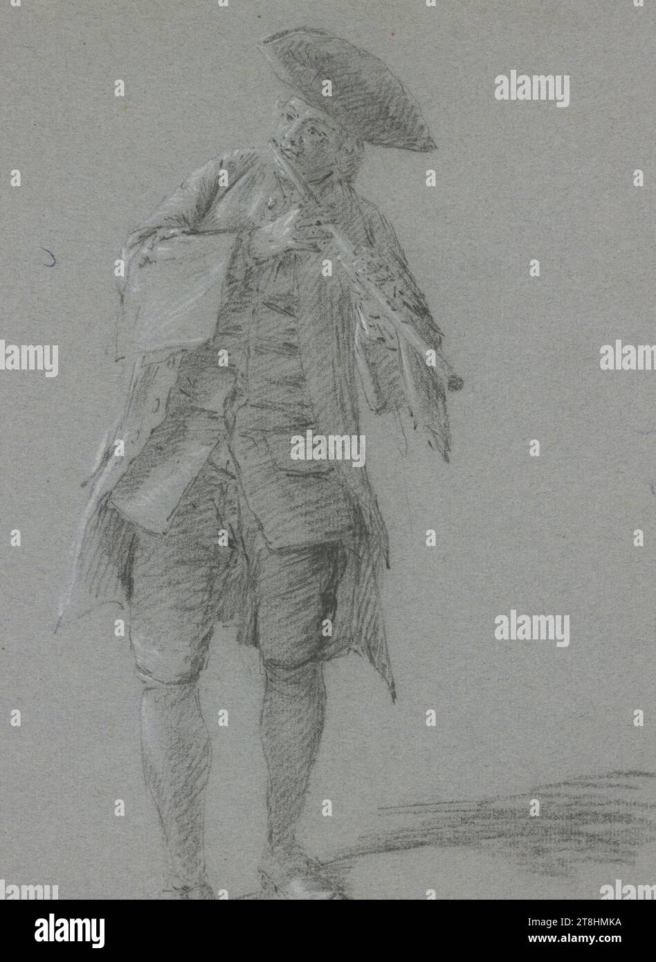 CORNELIS TROOST, Kavalier auf Flöte, Blatt, 310 x 246 mm, Kohle, weiß erhöht, auf blau vergoldetem Papier, Kavalier auf Flöte, CORNELIS TROOST, 18. JAHRHUNDERT, BAROCK, ZEICHNUNG, Kohle, weiß erhöht, auf blau vergoldetem Papier, KOHLE, KREIDE, GIGPAPIER, HOLZKOHLEZEICHNUNG, WHITE Elevation, NIEDERLÄNDISCH, FIGURENSTUDIE, KOSTÜMSTUDIE, nicht beschriftet Stockfoto