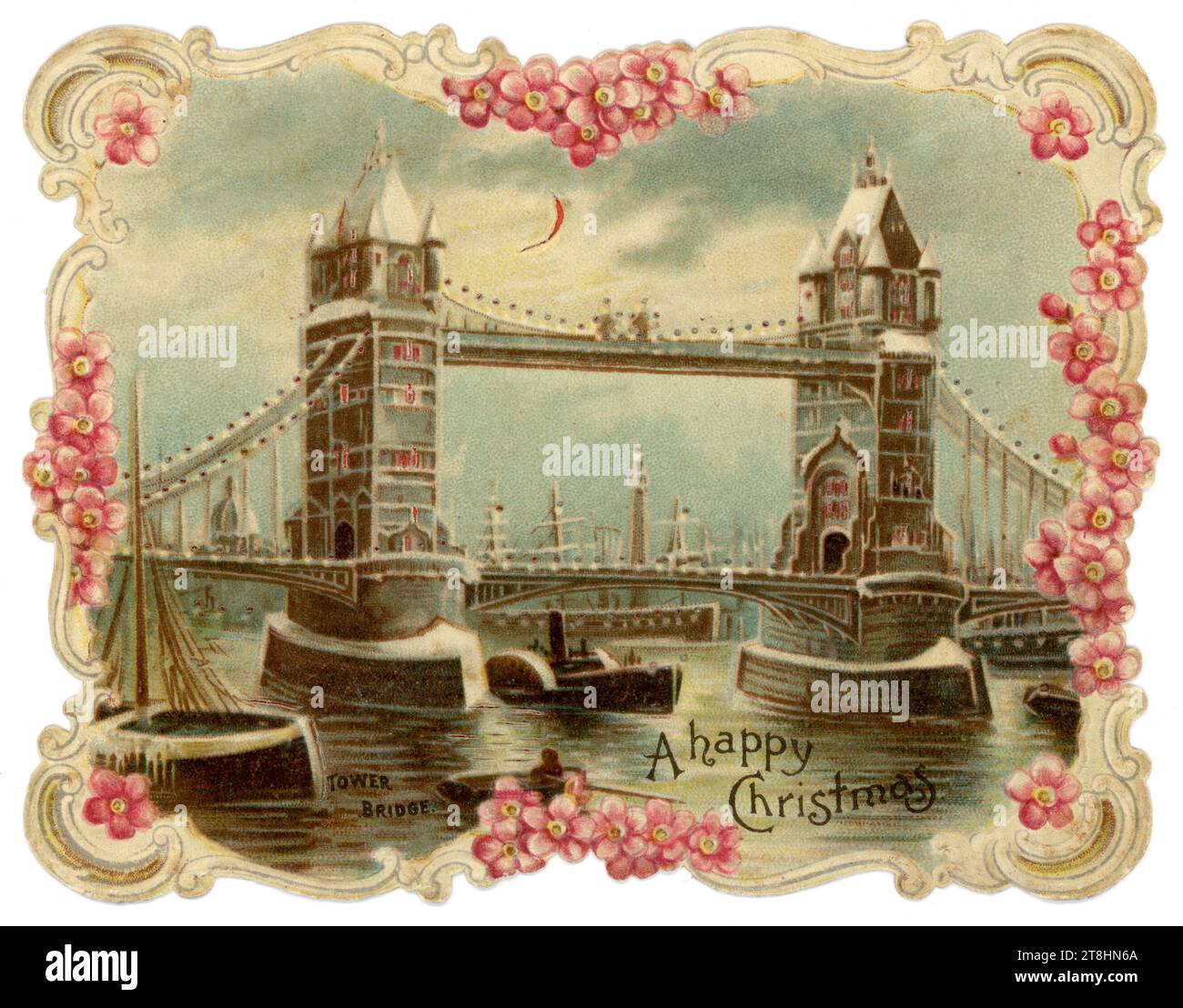 Originale wunderschöne viktorianische Weihnachtsgrüßkarte mit „Hold to Light“-Neuheit von Tower Bridge, London. Paddeln Sie den Dampfgarer darunter. Greeting is Wishing a Happy Christmas' London, England, Großbritannien um 1880's 1890s Stockfoto