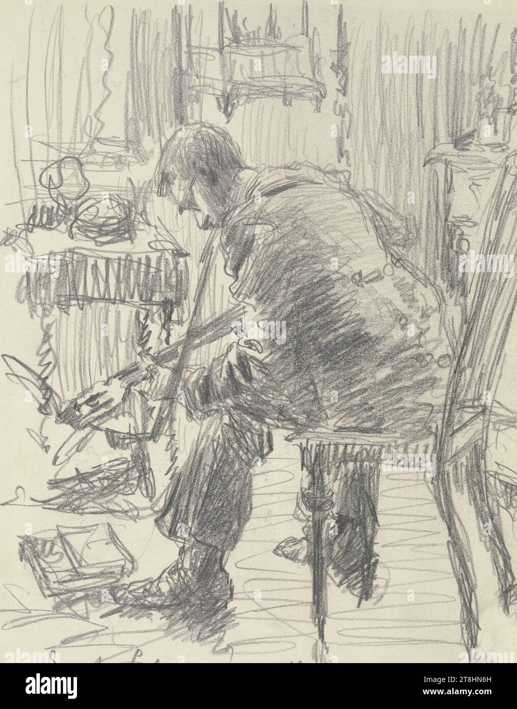 GUSTAV SCHRAEGLE, Gitarrenspieler, 1916, Blatt, 264 x 184 mm, Bleistift auf cremefarbenem Papier, Gitarrenspieler, GUSTAV SCHRAEGLE, 20. JAHRHUNDERT, ZEICHNUNG, Bleistift auf cremefarbenem Papier, GRAPHIT-TON-MISCHUNG, PAPIER, BLEISTIFTZEICHNUNG, DEUTSCH, FIGURENSTUDIE, signiert und datiert unten links, in Bleistift, Gust. Schraegle 16 Stockfoto