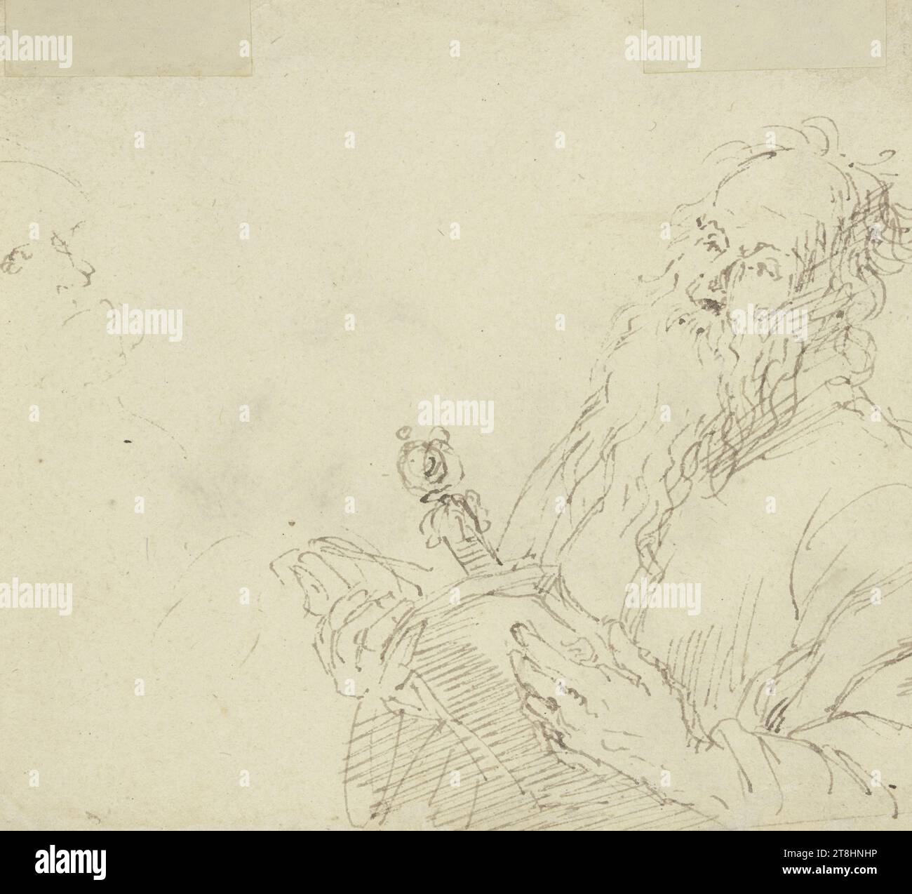 MATTHYS VAN DEN BERGH, St. Paul Lesung, Halbfigur, ca. 1670 - 1679, Blatt, 128 x 145 mm, brauner Stift auf geripptem handgeschöpftem Papier, St. Paul Lesung, Halbfigur, MATTHYS VAN DEN BERGH, Peter betend, Halbfigur, 17.JAHRHUNDERT, BAROCK, ZEICHNEN, Stift und Braun auf geripptem, handgemachtem Papier, TINTE?, TINTE?, VERGÉ-PAPIER, BAUPAPIER, STIFTZEICHNUNG, NIEDERLÄNDISCH, FIGURENSTUDIE Stockfoto