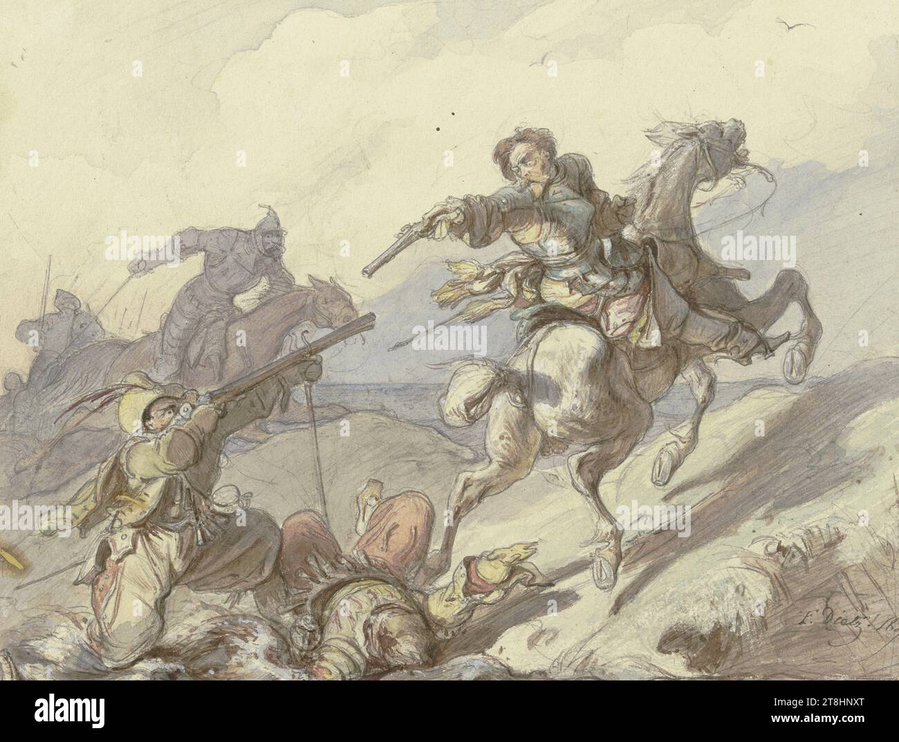 FRIEDRICH DIETZ, Razzia auf Ritter, 1837, Blatt, 147 x 196 mm, Stift in Dunkelgrau und Aquarell über Bleistift, erhöht mit weiß, auf Papier, Razzia auf Ritter, FRIEDRICH DIETZ, Seite, Klebealbum von Marie Auguste Emilie Freiin von Günderrode, Seite 22, Teilenummer / gesamt, 1 / 1, 19. JAHRHUNDERT, ZEICHNUNG, Stift und Tinte in Dunkelgrau und Aquarell über Bleistift, erhöht mit weiß, auf Papier, TINTE?, TINTE?, AQUARELL, BETRIEBSFARBE, GRAPHITFARBMISCHUNG, PAPIER, STIFTZEICHNUNG, AQUARELL, PINSELZEICHNUNG, WEISS HIGHTENING, BLEISTIFTZEICHNUNG, DEUTSCH, ABGEBILDETE ZEICHNUNG, AUTONOME ZEICHNUNG?, signiert und datiert Stockfoto