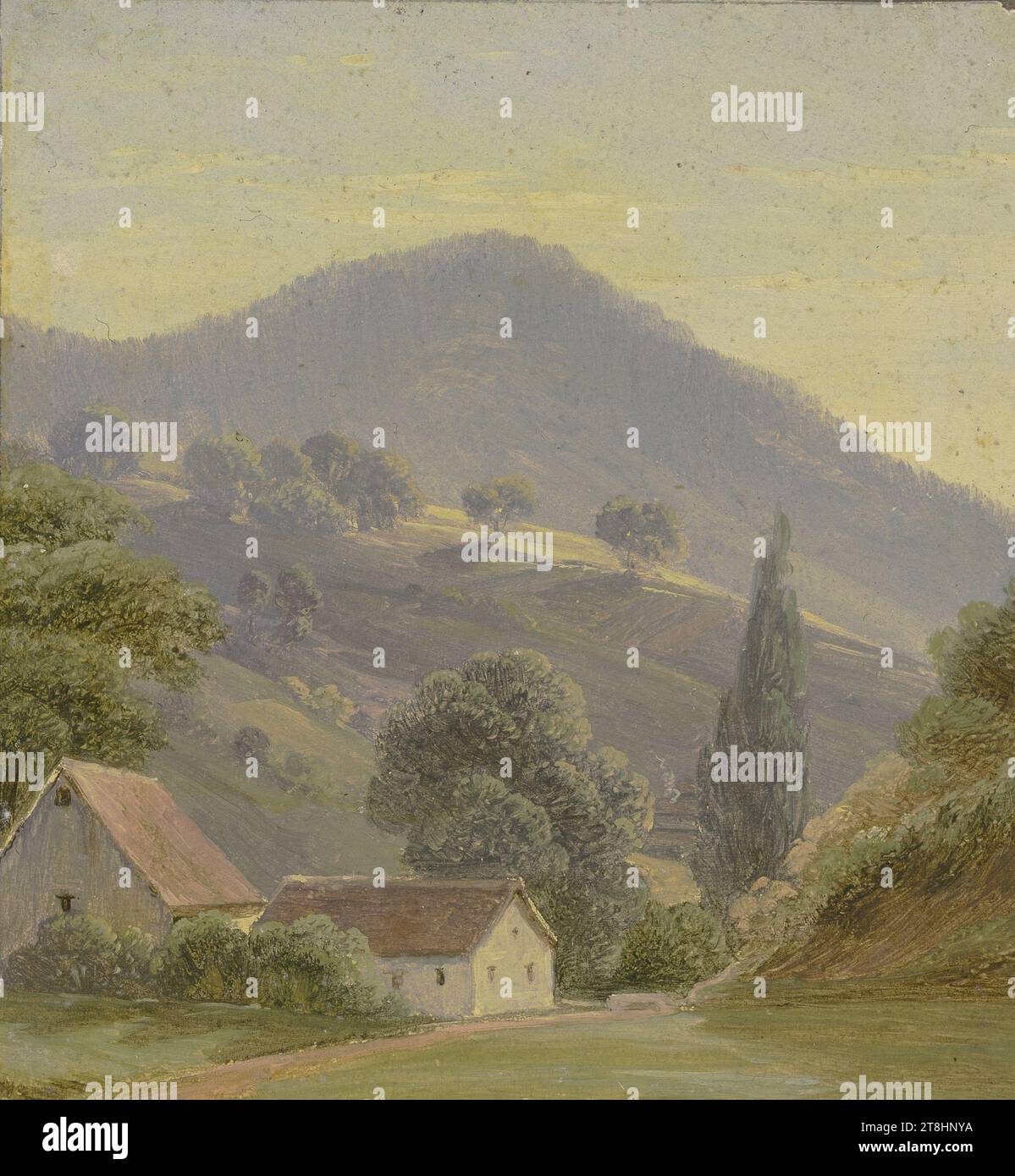 DEUTSCH, 19. JAHRHUNDERT, Berglandschaft, Blatt, 138 x 129 mm, Öl auf Papier, Berglandschaft, Deutsch, 19. Jahrhundert, Seite, Klebealbum von Marie Auguste Emilie Freiin von Günderrode, Seite 48, Teilenummer / gesamt, 1 / 1, 19.JAHRHUNDERT, ZEICHNUNG, Öl auf Papier, ÖLFARBE, PAPIER, ÖL, PINSELZEICHNUNG, DEUTSCH, BILDZEICHNUNG, AUTONOME ZEICHNUNG?, nicht beschriftet Stockfoto