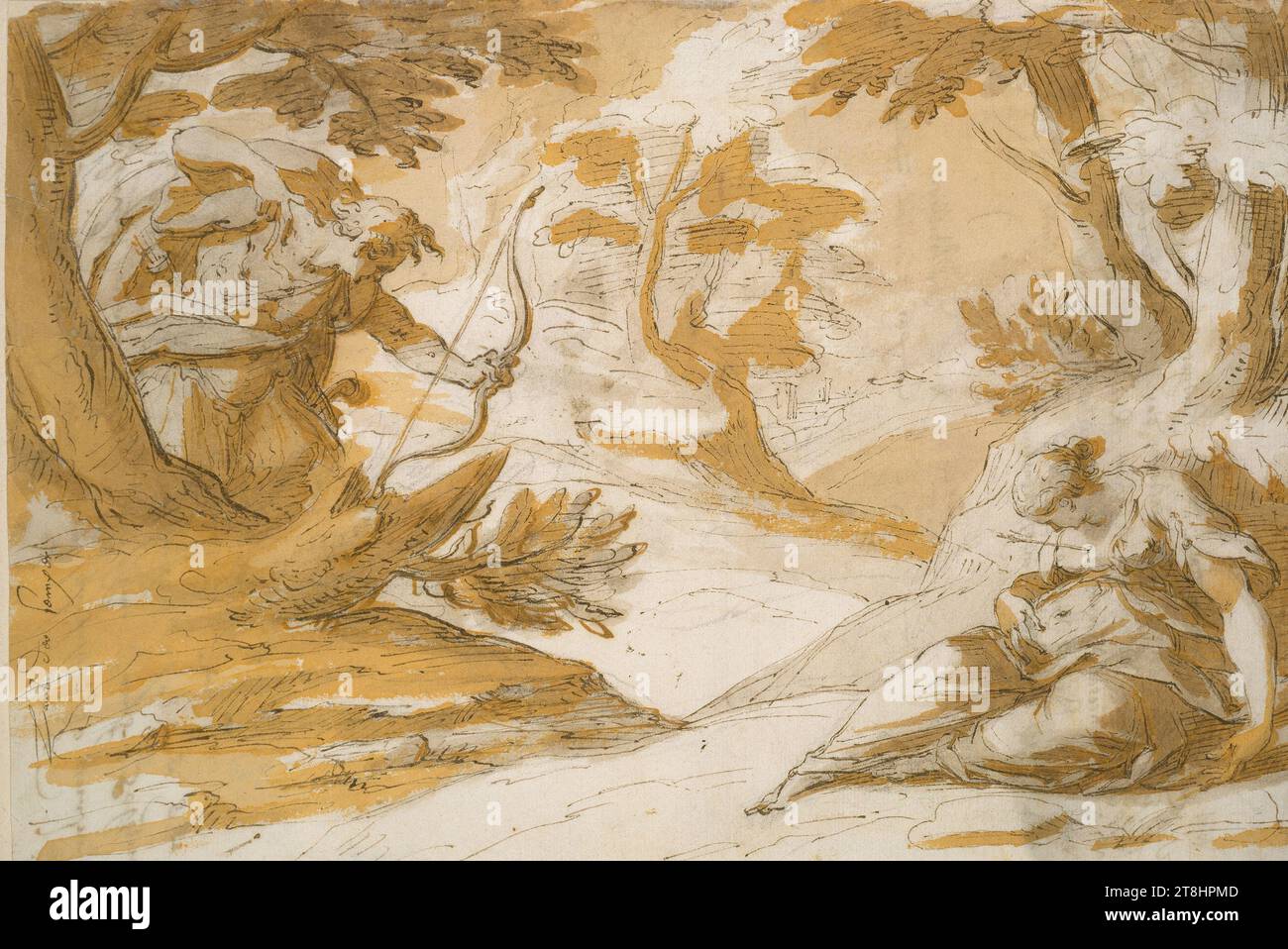 HANS VON AACHEN, Kephalos Kills Procris, 24. September 1585, Blatt, 203 x 296 mm, Stift in Dunkelbraun über schwarzer Kreide, Grau- und ockerfarbene Waschung, auf vergé-Papier, Kephalos Kills Procris, HANS VON AACHEN, VENEDIG, 16. JAHRHUNDERT, RENAISSANCE NORDEUROPÄISCHE MANIERISM, ZEICHNUNG, Stift in Dunkelbraun über schwarzer Kreide, grau-ockerfarben, auf vergé-Papier, TINTE?, TINTE?, KREIDE, STIFTZEICHNUNG, WASCHEN, KREIDEZEICHNUNG, DEUTSCH, ZEICHNUNG IN BILDGRÖSSE, links am Rand mit dem Stift in Braun beschriftet, hans der Compar [?], rückseitig signiert, datiert und beschriftet, mit dem Stift in Braun, habe ich das für hanns von Aachen / in gemacht Stockfoto