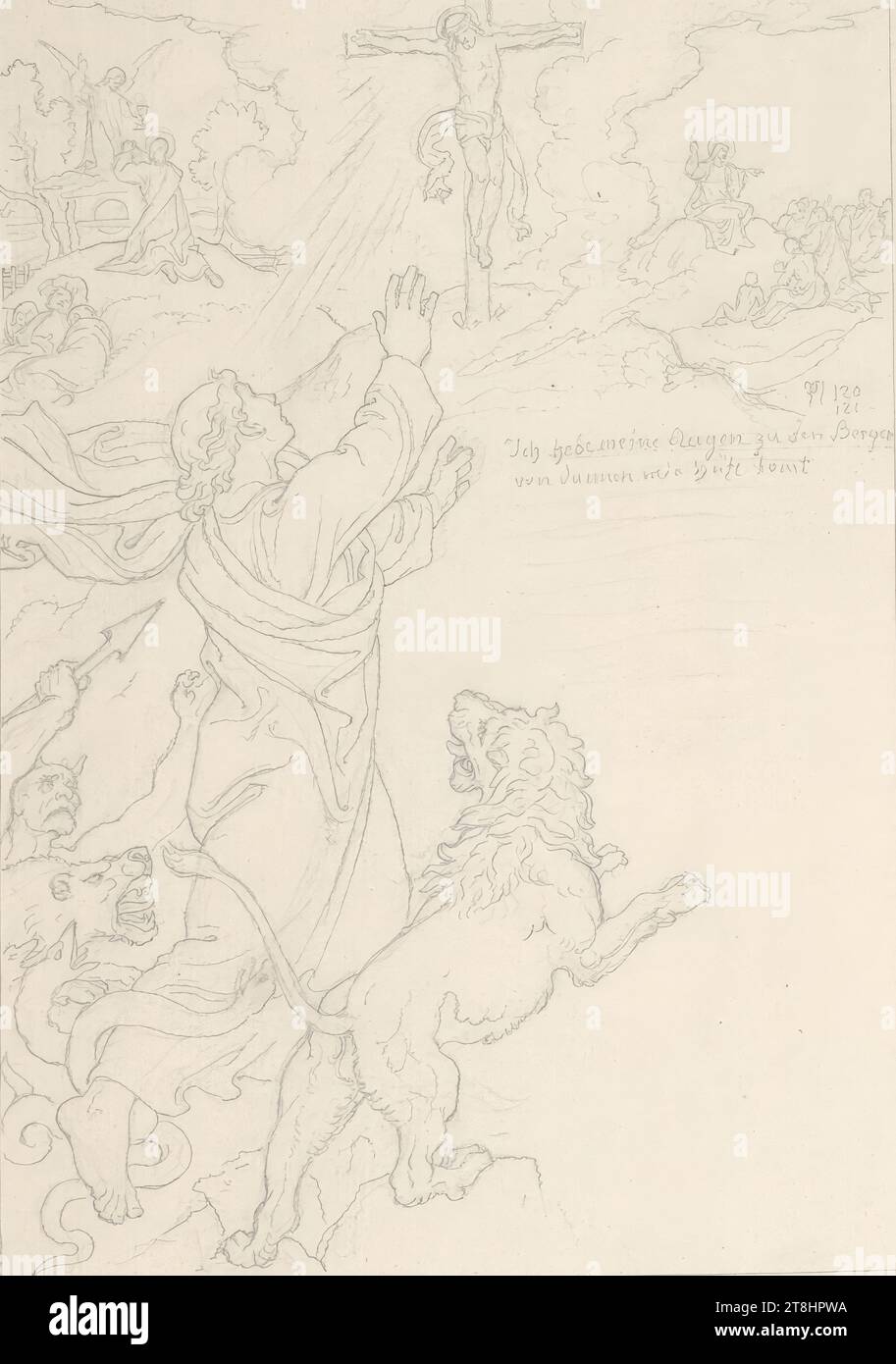 23. Psalm 120: Zuflucht in die Berge, eine von wilden Tieren gejagte Person Zuflucht in den heiligen Bergen, oben links der Ölberg, rechts die Bergpredigt, in der Mitte des Kalvariengebirges, 30-teilige Serie: Entwürfe für die Publikation 'der Psalter', Josef von Führich, Kratzau 1800 - 1876 Wien, Zeichnung, Bleistift, nach Cahier: Passepartout: 20 x 14 cm', ausführliche Unterschrift, M.u. '23, Österreich Stockfoto