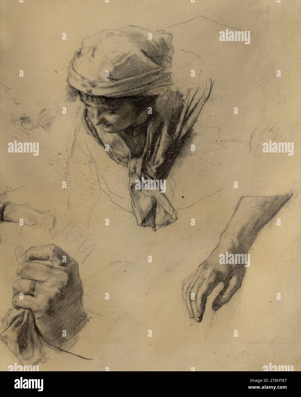 Studienblatt: Kopf eines Mädchens und Hände, Josef Gisela, Wien 1851 - 1899 Wien, Zeichnung, Kohle, nach Cahier: 29,8 x 23 cm, Österreich Stockfoto Studienblatt: Kopf eines Mädchens und Hände, Josef Gisela, Wien 1851 - 1899 Wien, Zeichnung, Kohle, nach Cahier: 29,8 x 23 cm, Österreich Stockfoto