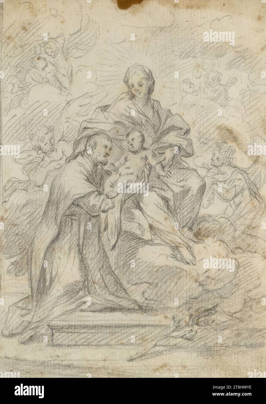 Madonna mit Heiligen und Engeln, Skizzenbuch Altomonte Bartolomeo; 64 Seiten mit Seiten, Bartolomeo Altomonte, Warschau 1694 - 1783 St. Florian, um 1720, Zeichnung, Bleistift, 19,5 x 14 cm, 7 11/16 x 5 1/2 Zoll, Feder, l.u. 'Ziro feri', Feder Stockfoto