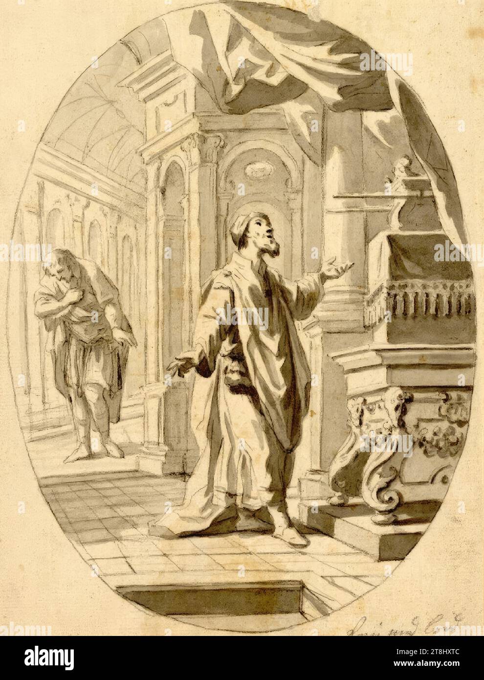 Pharisäer und Steuereintreiber, Bartolomeo Altomonte, Warschau 1694 - 1783 St. Florian, Zeichnung, Bleistift, Grauwäsche, Passepartout: 23,4 x 17,7 cm, rechts Stockfoto