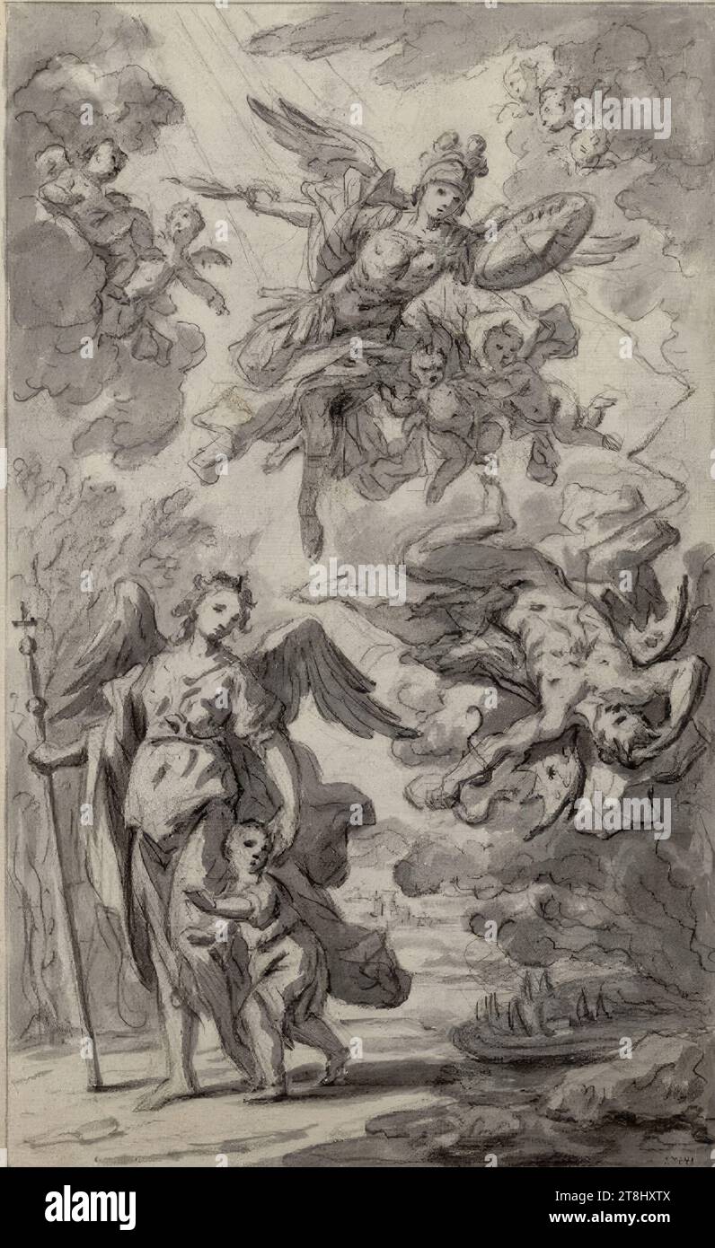 Schutzengel mit Kind, Bartolomeo Altomonte, Warschau 1694 - 1783 St. Florian, Zeichnung, Bleistift, gewaschen, 31,8 x 20,7 cm Stockfoto