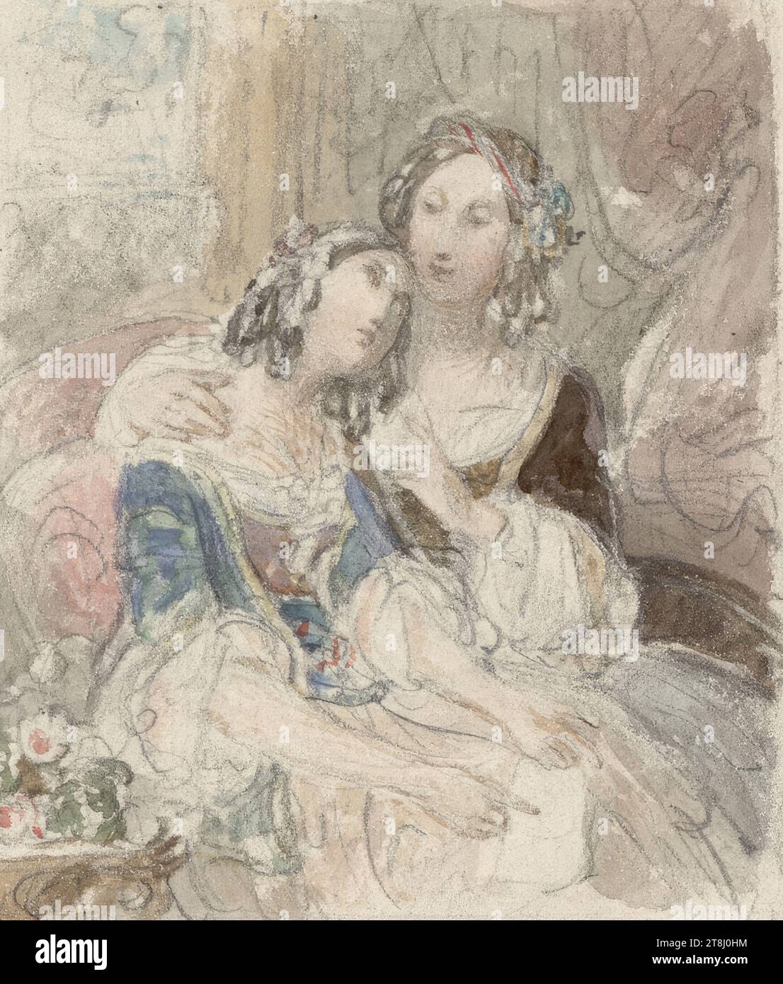 Zwei sitzende Mädchen, Friedrich von Amerling, Wien 1803 - 1887 Wien, um 1835, Zeichnung, Aquarell, Bleistift, passepartout Ausschnitt: 10,1 x 8,6 cm, Österreich Stockfoto