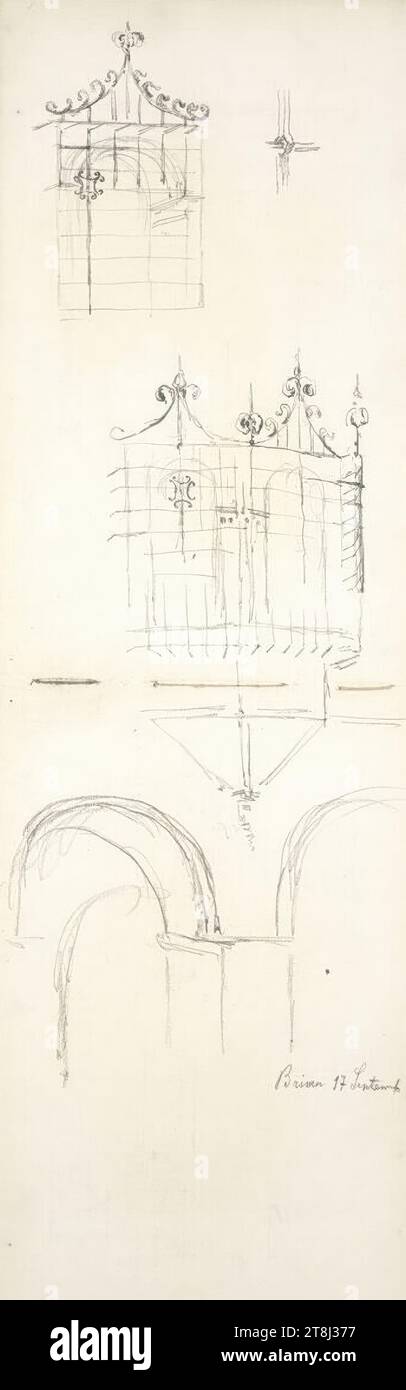 Brixen, Arkaden und Erkerfenster, Hörmann Theodor von's Skizzenbuch; 18 Seiten, Theodor von Hörmann, Imst 1840 - 1895 Graz, 17. September 1872?, Zeichnung, Bleistift, Blatt: 41,2 cm x 12,6 cm Stockfoto