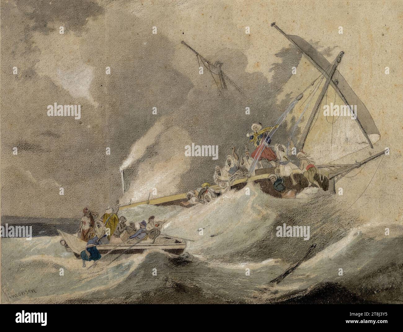 Orientalisches dampfbetriebenes Segelschiff in Seenot, Niels Simonsen, Kopenhagen 1807 - 1885 Kopenhagen, 19. Jahrhundert, Zeichnung, schwarze Kreide, Aquarell, erhöht mit weißem Pinsel, über Bleistift auf hellgrauem Papier, Montageausschnitt: 30,3 x 40 cm, 11 15/16 x 15 7/8" Stockfoto