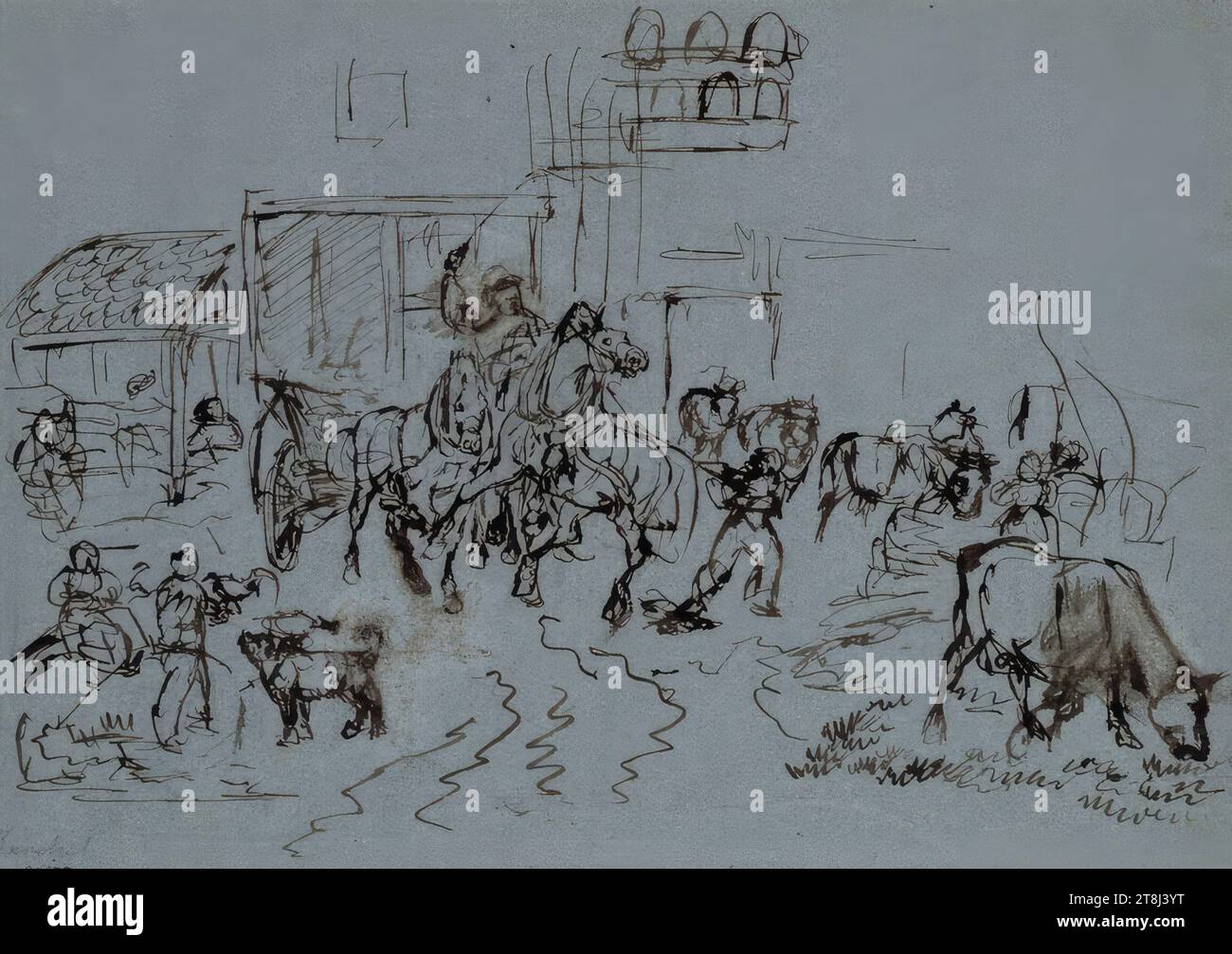 Hektik vor einer Raststätte, Heinrich Bürkel, Pirmasens 1802 - 1869 München, 19. Jahrhundert, Zeichnung, Stift in Braun, auf blauem Papier, 298 x 419 mm, rückseitig, unleserlich, überlappt von der Öffnung Stockfoto