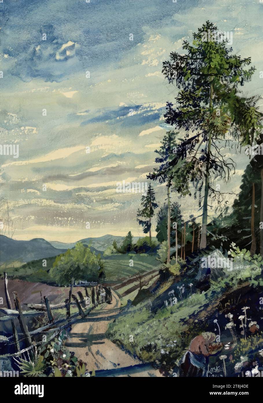 Landschaft am Längensee in Kärnten, Wien und Umgebung - 1940-1945, Oskar Laske, Czernowitz 1874 - 1951 Wien, 1943, Zeichnung, Bleistift, Aquarell, deckende Farben, passepartout Ausschnitt: 49,7 x 34,9 cm, 19 9/16 x 13 3/4 Zoll, Österreich Stockfoto