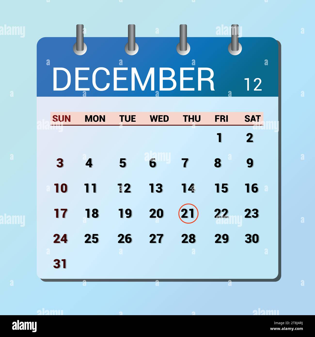 Dezember. Kalender mit flachen Symbolen auf blauem Hintergrund isoliert. Vektorillustration für Datum und Monat Stock Vektor