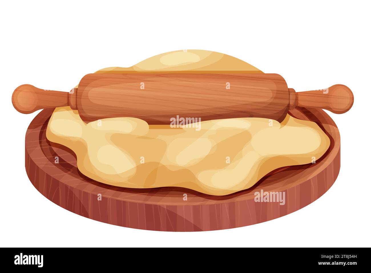 Hölzerne Nudelnadel mit Teig und Mehl Griff kulinarische Ausrüstung auf rundem Holzbrett im Zeichentrickstil isoliert auf weißem Hintergrund. Walze mit Holzstruktur, Utensilien, Backrezept. Vektorabbildung Stock Vektor