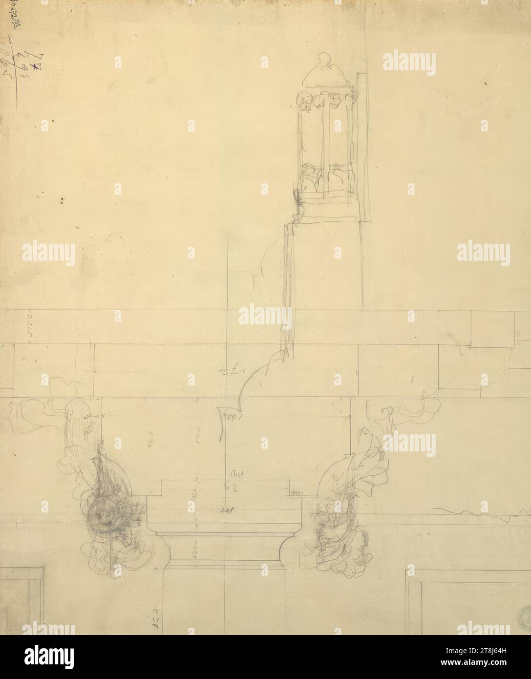 Skizzenblatt, Rudolf Weyr, Wien 1847 - 1914 Wien, Zeichnung, Bleistift, 42 x 36 cm, detaillierte Beschriftung, Maßeinheiten, Österreich Stockfoto