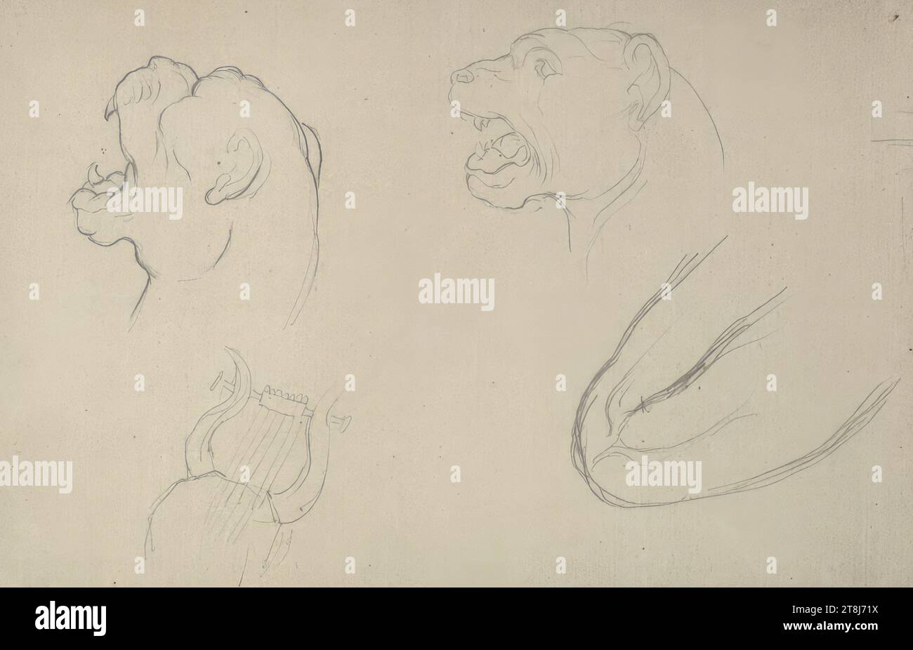 Untersuchungen eines Leopardenkopfes; Leierskizze; Vorhang, Skizzenbuch Swoboda Emerich Alexius; 81 Seiten, Emerich Alexius Swoboda, Enzenreith-Wörth 1849 - 1920 Wien, um 1871?, Zeichnung, Bleistift, Blatt: 10,6 x 17,7 cm, l.l., Bleistift, Österreich Stockfoto