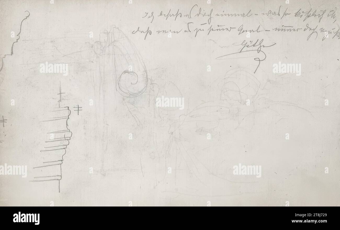 Undeutliche Skizzen; Zitat von Goethe, zum Mond, Skizzenbuch Swoboda Emerich Alexius; 60 Seiten mit Seiten, Emerich Alexius Swoboda, Enzenreith-Wörth 1849 - 1920 Wien, Skizzenbuch: 14. März 1877 - 14. Juli 1877, Zeichnung, Bleistift, Blatt: 10,8 x 17,3 cm, zur eigenen Qual, man vergisst es nie. / Göthe [sic]', Bleistift, Österreich Stockfoto