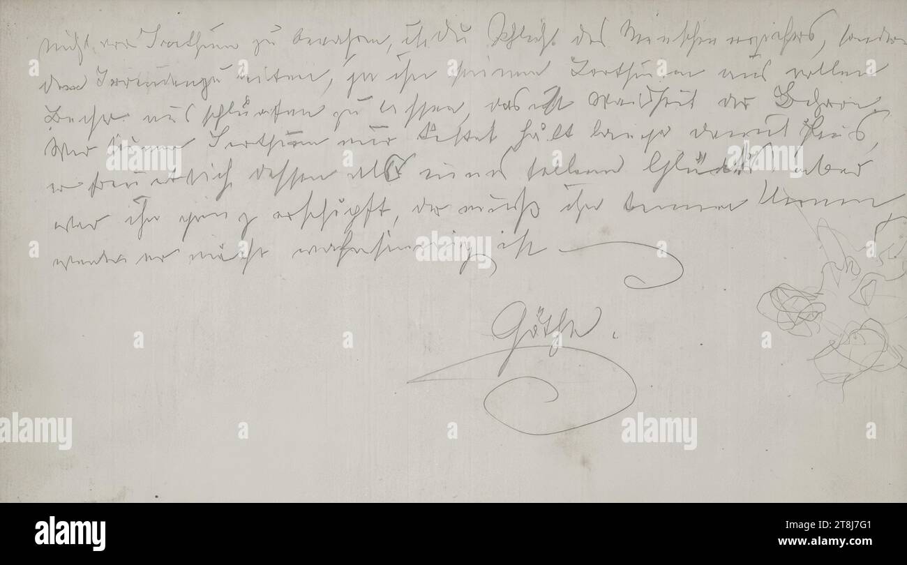 Zitat aus Goethe, Wilhelm Meister's Lehre, unklare Skizze, Skizzenbuch Swoboda Emerich Alexius; 60 Seiten, Emerich Alexius Swoboda, Enzenreith-Wörth 1849 - 1920 Wien, Skizzenbuch: 14. März 1877 - 14. Juli 1877, Zeichnung, Bleistift, Blatt: 10,8 x 17,3 cm, "die Pflicht des menschlichen Erziehers, sondern vielmehr, den Irrenden zu führen, sogar seinen Fehler aus vollen Tassen schlürfen zu lassen, das ist die Weisheit des Lehrers. / Wer nur seinen Irrtum schmeckt, wird ihn lange ertragen, / er freut sich darüber als seltenes Glück, Österreich Stockfoto