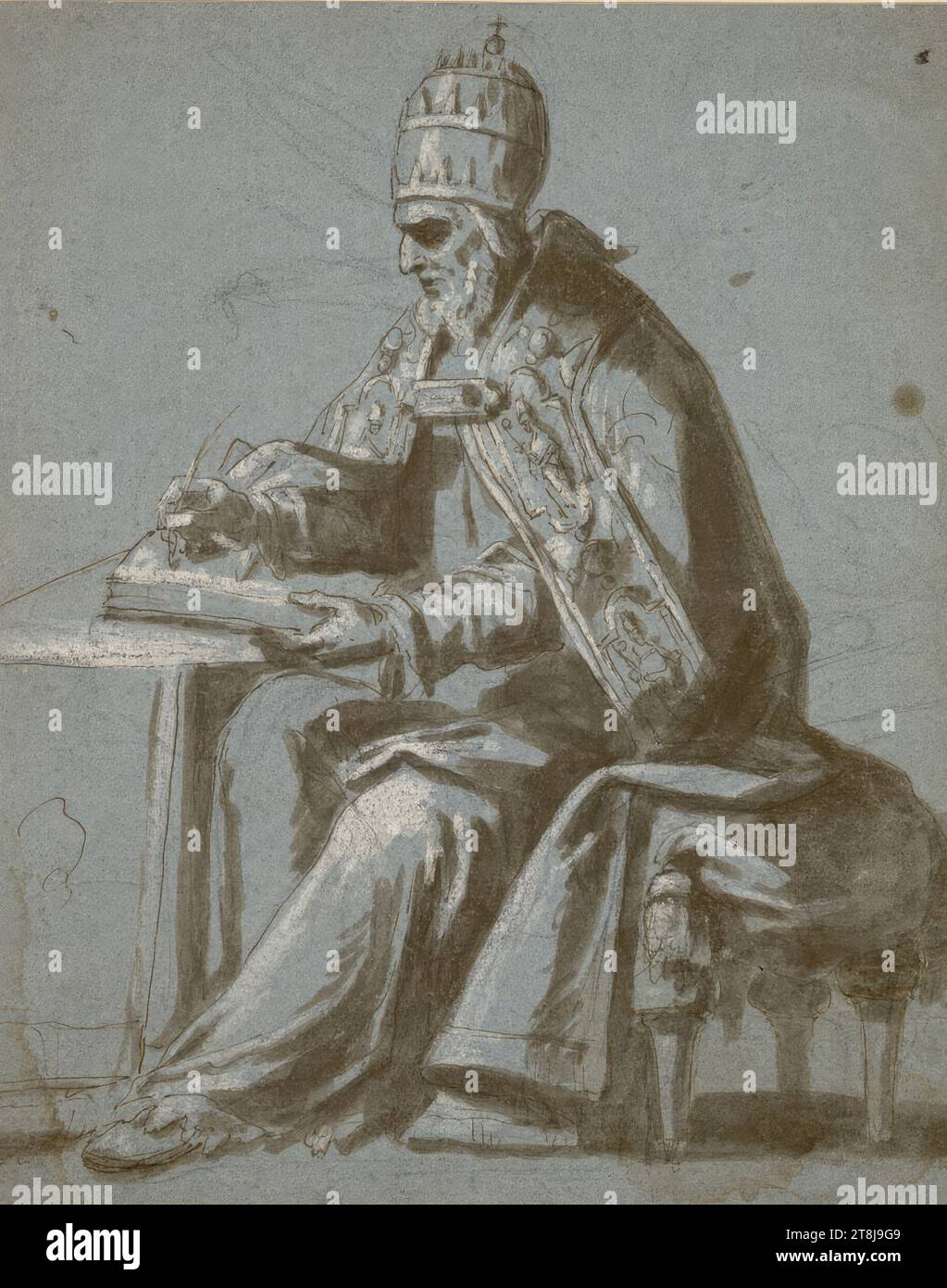 Studium für einen Kirchenvater, Papst Gregor dem Großen, der links sitzt und schreibt, anonym, zeichnet, Kreide; Feder; geheftet; mit deckendem weiß erhöht; blaues Papier; Wasserränder, 39,1 x 31,1 cm Stockfoto