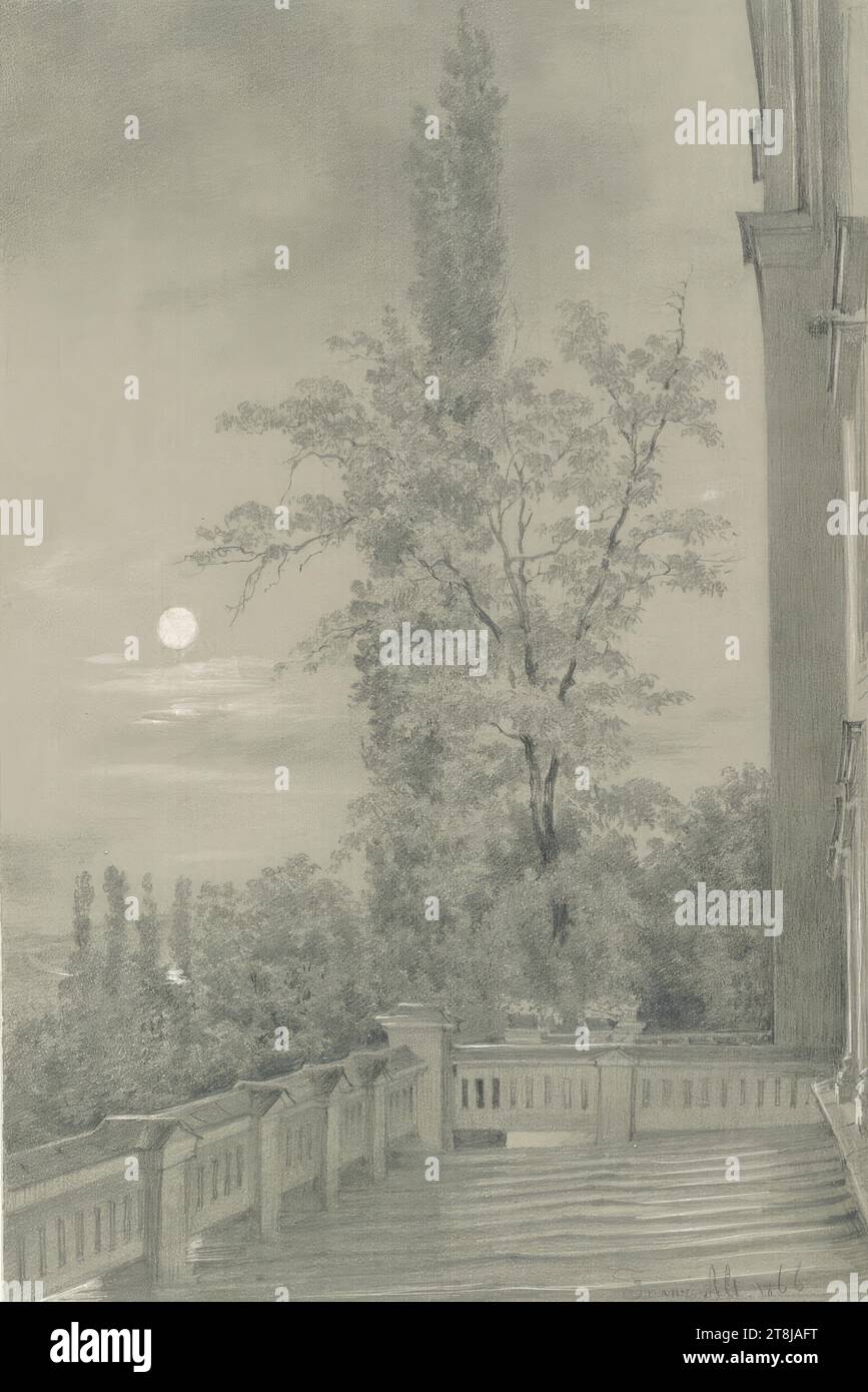 Mondlicht Nacht, Alt Franz's Sketchbook; 26 klebte Seiten, Franz Alt, Wien 1821 - 1914 Wien, 1866, Skizzenbuch: 1858-1880, Zeichnung, Bleistift; weiß erhöht; auf grauem Papier, Blatt: 19,6 cm x 13,1 cm, Nachlass Franz Alt, Österreich Stockfoto