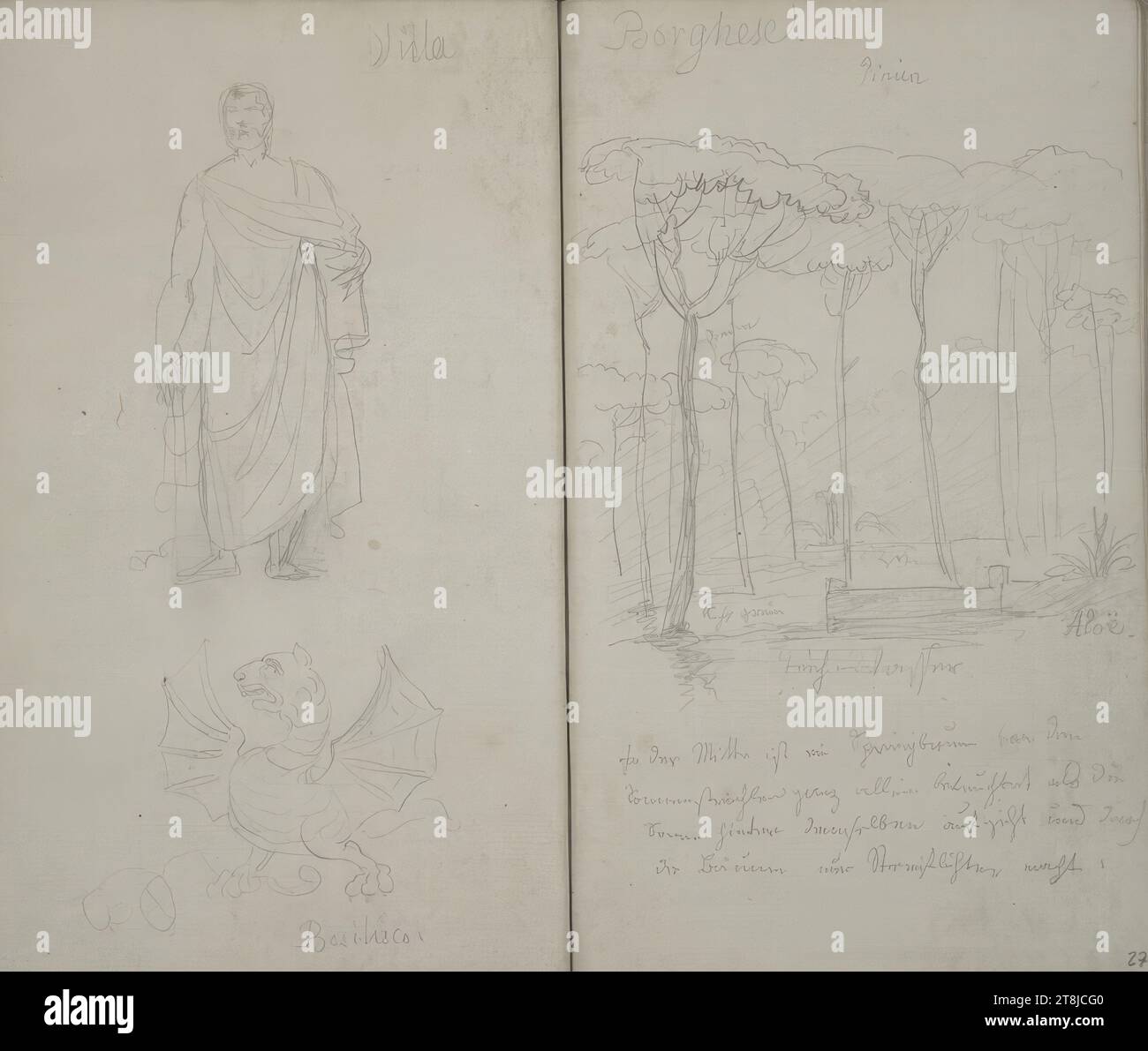 Elemente der Villa Borghese in Rom; Skizze und Beschreibung der Aussicht von dort, Skizzenbuch Höfel Blasius I; 41 Seiten mit Seiten, Blasius Höfel, Wien 1792 - 1863 Aigen bei Salzburg, 1818, Zeichnung, Bleistift, Blatt: 18,7 cm x 22,6 cm, M.O. 'Villa Borghese', Bleistift, R.o.'Kiefer', Bleistift, l.u. 'Basilisco', Bleistift, rechts als Beschreibung im Bildfeld 'hellgrün; Aloe.; Deep Water“, Bleistift, r.u. „in der Mitte wird ein Brunnen von den / Sonnenstrahlen ganz allein beleuchtet, während die / Sonne dahinter aufgeht und nur Lichtstreifen durch / die Bäume macht.“, Bleistift, Österreich Stockfoto