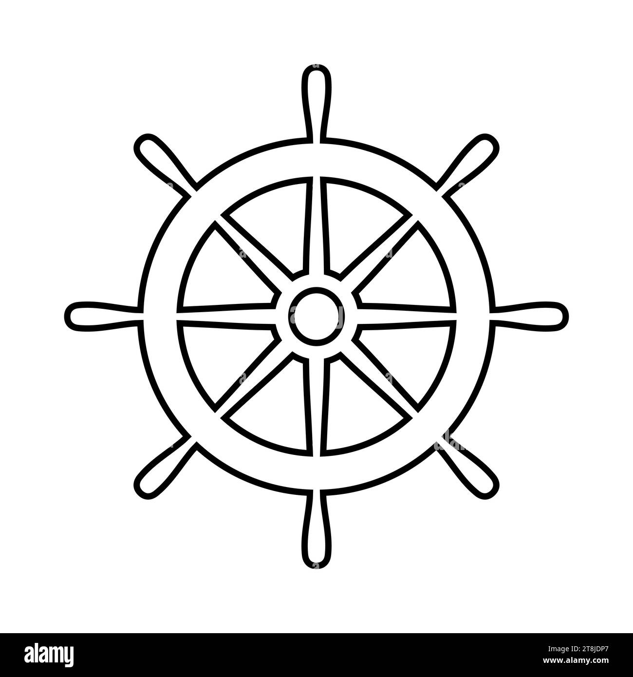 Symbol für das Steuerschiff. Schwarze Lenkung isoliert auf weißem Hintergrund. Silhouette des Ruderbootes. Schlichtes, umrissenes Schiffsruder für Design-Reisedruck. timon bearbeiten Stock Vektor