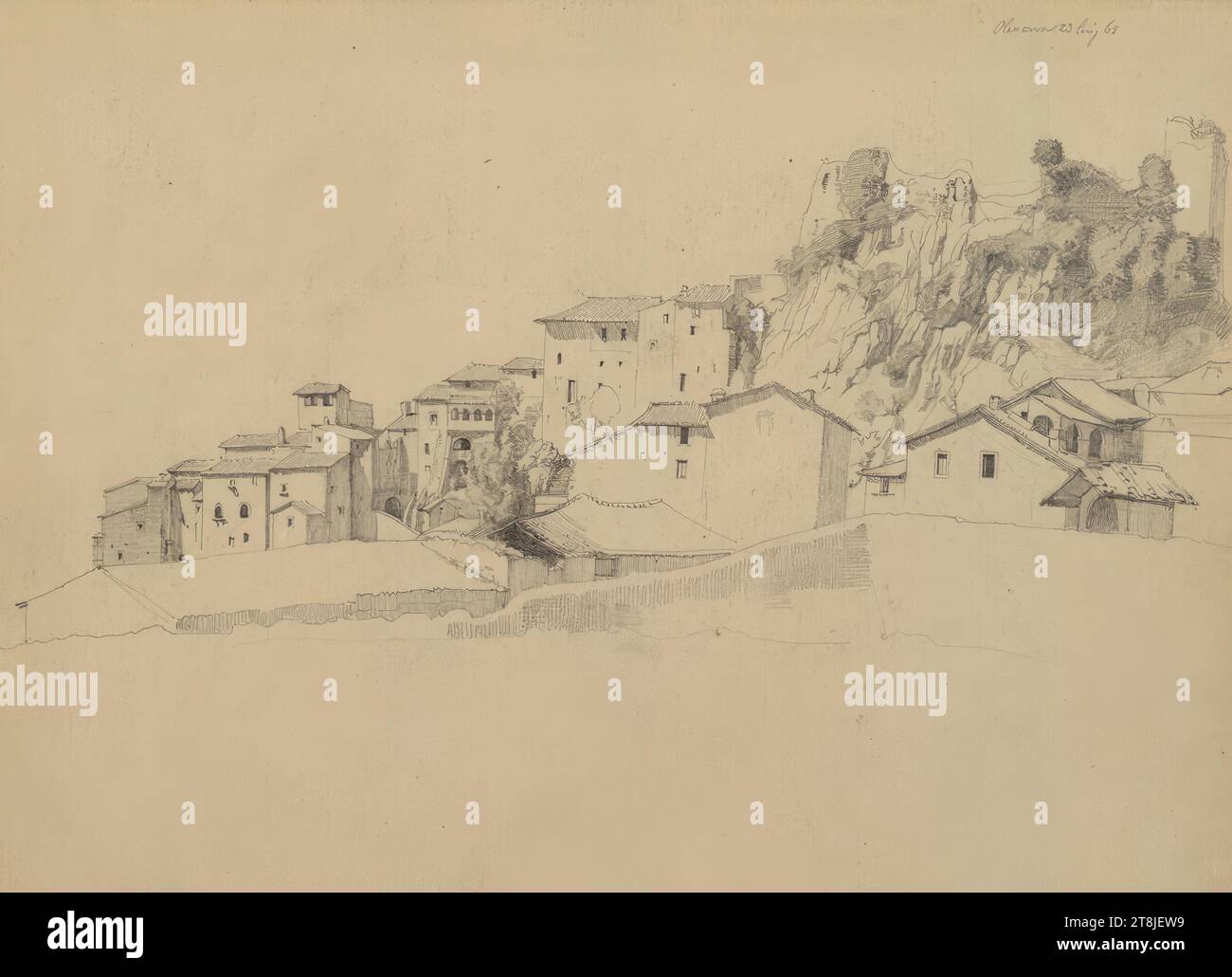 Ansicht von Olevano, Ludwig Mayer, Kaniów, Polen, 1834 - 1917 Wien, 1865, Zeichnung, Bleistift, nach Cahier: 22,6 x 28,5 cm, Österreich Stockfoto