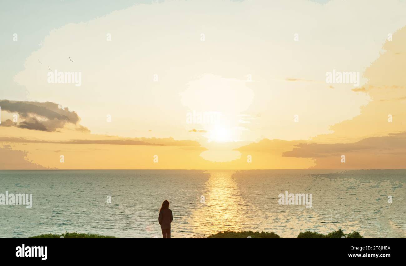 Fantastische Landschaft mit Person (vielleicht Frau) 2Watching bei Sonnenuntergang auf englischem Kanal in Etretat oder Saint-Martin-Aux-Buneaux oder Saint-Pierre-en-Port Stockfoto