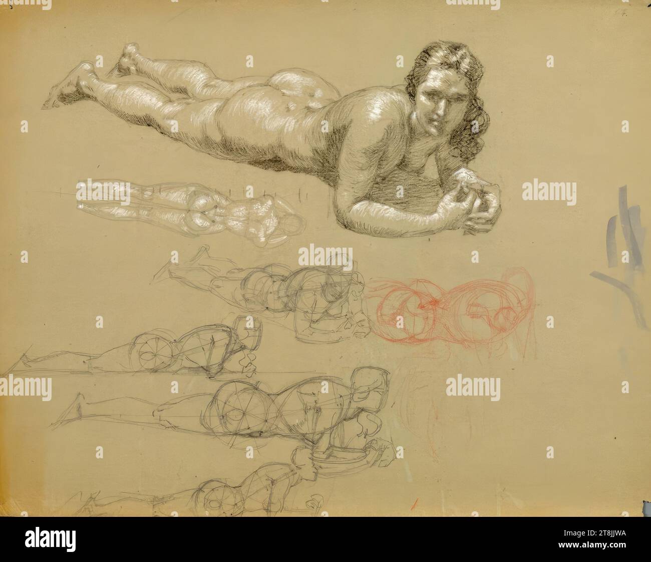 Sieben Studien einer liegenden Frau, Alexander Rothaug, Wien 1870 - 1946 Wien, Zeichnen, Bleistift, Kreide, weiß erhöht, Kohlestift, rosa Buntstift, braunes Papier, Pinselversuche, 25,1 x 32,4 cm, Österreich Stockfoto