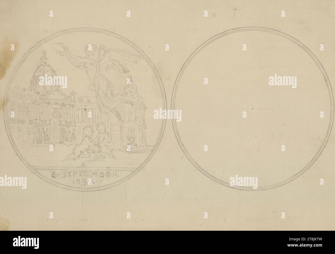 Medaillenentwurf zur Fertigstellung des Michaela-Flügels der Wiener Hofburg, Stephan Schwartz, Neutra 1851 - 1924 Raabs an der Thaya, Zeichnung, Bleistift, gelbliches Papier, Einladungskarte, nach Cahier: 10,2 x 14,8 cm, Österreich Stockfoto