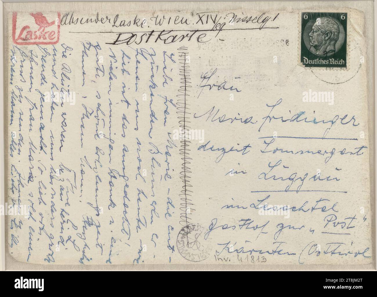 Postkartenrückseite, Oskar Laske, Czernowitz 1874 - 1951 Wien, Zeichnung, deckende Farbe, 105 x 199 mm, detaillierte Inschrift '', Österreich Stockfoto