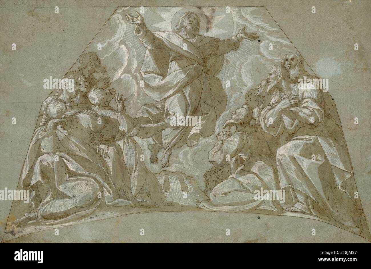 Himmelfahrt Christi, Tafelbild, Giovanni Mauro della Rovere, genannt il Fiamminghino, Mailand 1575 - 1640 Mailand, 1575-1640, Zeichnung, Kreide; Feder; geheftet; mit deckendem weiß erhöht; Wurm gegessen, 24,7 x 37,0 cm Stockfoto