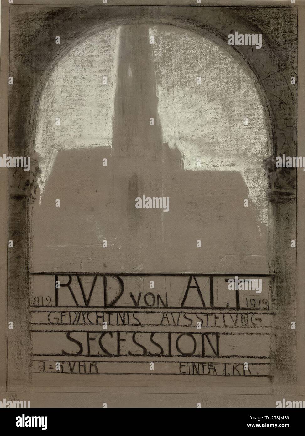 Plakatgestaltung für die Rudolf Alt-Gedenkausstellung in der Secession, Ludwig Rösch, Wien 1864 - 1936 Wien, Zeichnung, Kohle, Kreide, graues Papier, nach Cahier: 63,6 x 47,9 cm, l. l. '422'; M. u. '1812 RUD VON alt, ....,', detailliertes Etikett, R. u. Etikett unleserlich, Österreich Stockfoto